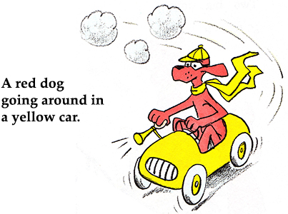 A red dog going around in a yellow car.